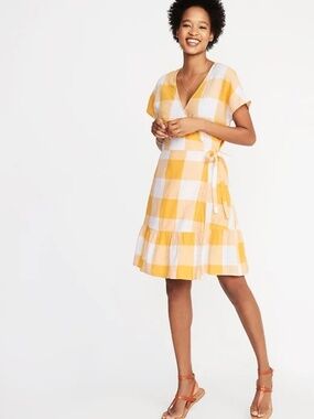 Old Navy Yellow Gingham Faux Wrap Dress XL Summer Stampede